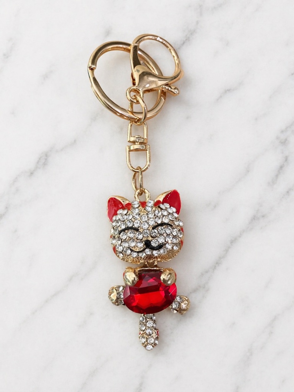 Cat Keychain Rhinestone Kitty Purse Charm Bag Charm Red Gold Tone Key Ring